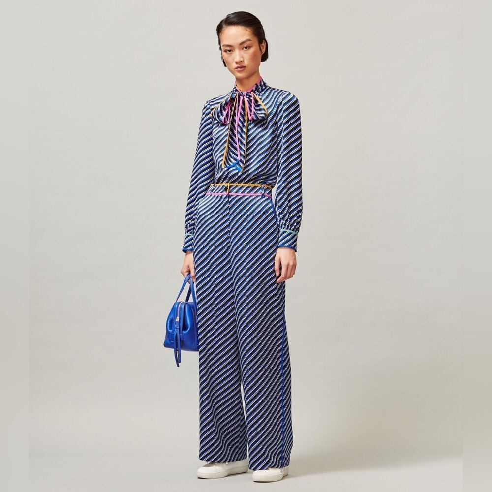 Tory Burch Blue and White Tie Front Long Sleeve Blouse - Picture 6 of 10